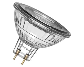 Osram Ledvance LED MR16 RA90 350lm 3,4W/930 GU5.3 pære med klar glas og to guldfarvede stifter på hvid baggrund.