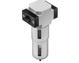 Festo micro filter LFMA-1/8-D-MINI-A i metal og sort plast med to synlige vinduer og 1/8" tilslutning.