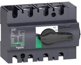 Schneider Electric Compact INS125 lastadskiller i grå plast med 3 poler og et sort drejegreb for betjening.