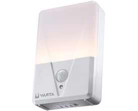 Varta Motion Sensor Night Light i hvid med tændt lys og synlig bevægelsessensor samt betjeningsknapper i bunden.