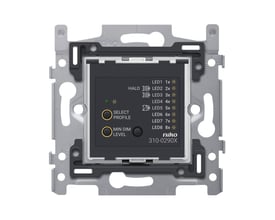 Niko universal trykstyret lysdæmper, model 310-0290X, med indgraverede knapper og LED-indikatorer på metalramme.