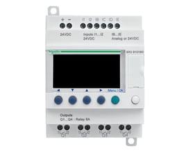 Schneider Electric Zelio intelligent relæ med ur, model SR3 B101BD, med 24VDC forsyning, input og output terminaler, samt et stort LCD-display.