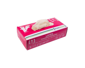 PrimeSource pudderfri latex engangshandske, hvid, str. S, 100 stk. i pakken, vist med emballage og enkelte handsker.