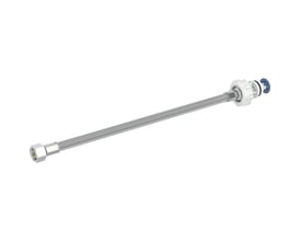 Geberit type 383 tilslutningsslange på 300 mm til Twinline indbygningscisterne, med grå slange og fittings i enderne.
