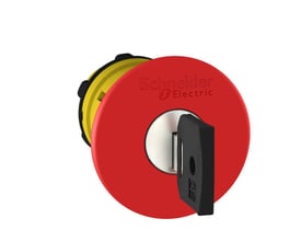Schneider Electric ZB5 nødstophoved i rød med Ø40mm diameter og nøgle 421E på hvid baggrund.