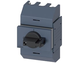 Detaljeret billede af Siemens 3-polet afbryder, 16A, der viser logo, betjeningshåndtag og grå box terminal.