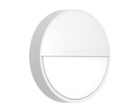 Hvid, rund halvskærm til Ledvance BULKHEAD ROUND-armatur, 250 mm, set skråt forfra.