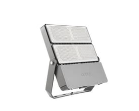 Opple LED-projektør LEDFLOODMO-P2 RE450 på 150 W med gråt hus og to rektangulære lysfelter, set skråt forfra.