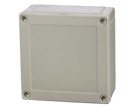 Fibox MNX polycarbonat kassebund i grå, 130x130x60 mm, med synlig skrue i hvert hjørne på et hvidt baggrund.