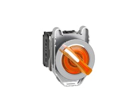Nærbillede af Schneider Electric drejegreb med orange LED-lys, viser 24V mærkning og CE-certificeringer på bagsiden.