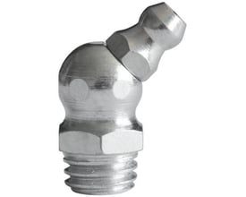 Sølvfarvet tryksmørenippel H2 med M10x1,0 mm gevind og 45 graders vinkel på hvid baggrund.