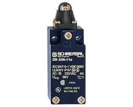 Schmersal positionsafbryder ZR 235-11Z med metalhus og rulleaktuator, godkendt til 230VAC 4A.