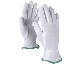 Et par hvide OX-ON Montagehandsker Basic 13002 i str. 10 med grøn kant ved håndleddet, vist på hvid baggrund.