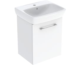 Geberit Selnova Square håndvask og underskab set fra siden, viser den blankpolerede hvide overflade og målene på 50 cm bredde.