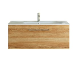 Dansani Mido 101 cm møbelpakke i varm eg med en skuffe og en hvid porcelænsvask med krom vandhane.