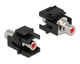 DeLock Keystone modul med RCA hunstik, sort. To moduler vises med standardiserede dimensioner til snap-in montering på hvid baggrund.