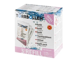 Torrbollen fugtfjerner refill 3-pack, duftfri, viser de tre poser med magnesiumklorid på en karton med blåt vanddesign.
