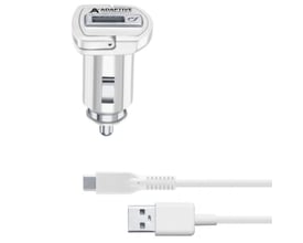 Nærbillede af Cellularline biloplader med USB-port og et hvidt USB-C til USB-A kabel på hvid baggrund.
