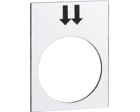 Schneider Electric skilt med to sorte pile pegende nedad og et cirkulært hul til en knap.