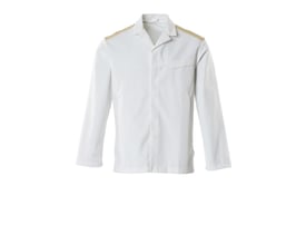 Mascot Food&Care hvid jakke str. XS med skjult trykknaplukning og gul dekoration på skuldrene, ideel til fødevareindustrien.