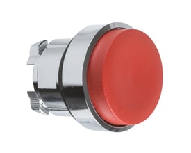 Schneider Electric Harmony Style 4 ophøjet rød trykknap set forfra, med tydelig krom-ring og mat rød trykflade.
