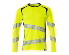 Mascot langærmet T-shirt 19081 i hi-vis gul og sort, str. M, med skrå reflekser på ærmer og torso.