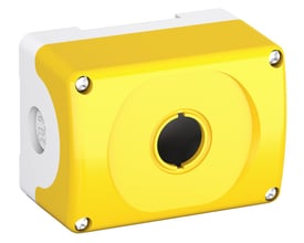 ABB MEPY1-0 kapsling til nødstop knap i gul og lysegrå plast med et enkelt hul og synlige skruer.