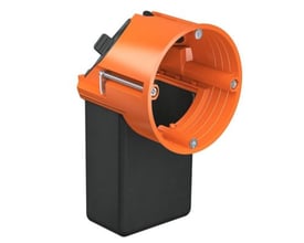 Sidevisning af Kaiser elektronikdåse med udvendig låsemekanisme og kabelgennemføringer, Ø68 mm, dybde 75 mm.