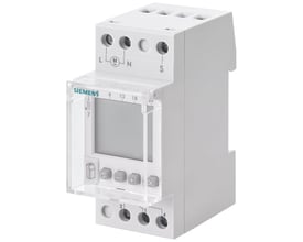 Siemens digitalt ugeur Astro med 1-kanals astro-funktion og 2 modulstørrelse til DIN-skinne montage med tydelig LCD-skærm og betjeningsknapper.