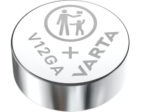 Nærbillede af et enkelt Varta V12GA/LR43 knapcellebatteri med Varta logo og 'V12GA' på den flade side.