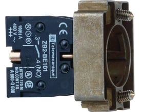 Schneider Electric kontaktdel ZB2BZ102 med 1 slutte-kontakt (NO), fremstillet af sort plast med metalmonteringsbeslag.