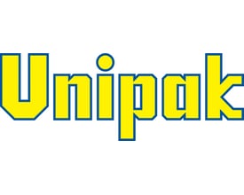 Unipak logo med gul skrift og blå kant på hvid baggrund, fremhæver mærkets identitet.