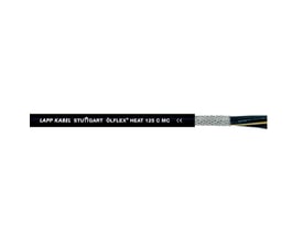 Lapp ÖLFLEX HEAT 125 C MC kabel med sort ydre kappe og tre sorte ledere, med et sølvfarvet flettet skærmlag.