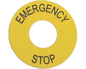 Schneider Electric Emergency Stop skilt på 45 mm i diameter, vist med gul baggrund og sort tekst for høj synlighed.