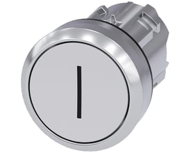 Siemens trykknap med 22mm rund, højglans metalramme og hvid 'I' mærkning på en flad, lys grå overflade.