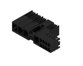 Sort Weidmüller-hybridkonnektor til printplade med fire poler, 7,62 mm afstand og 90° udgående vinkel.