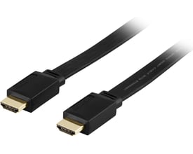 Deltaco fladt HDMI-kabel med guldbelagte stik, High Speed med Ethernet, 5 meter langt og sort.