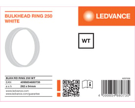 Emballagegrafik for LEDVANCE hvid dekorationsring til Surface Bulkhead Outdoor, 250 mm, med ringtegning og mål.