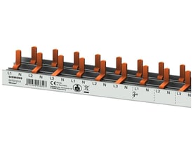 Siemens PIN samleskinne 16mm² med 3PH+HS konfiguration, 214mm lang, med orange tilslutningsben og mærkning for L1, N, L2, L3.