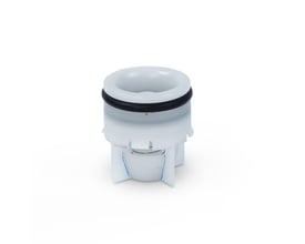 Nærbillede af Wavin plast kontraventil OV15/DN15, viser den hvide plastkonstruktion med neoprenpakning og fastgørelsesmekanisme.