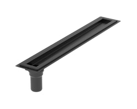 Detaljeret billede af Blücher Waterline baderumsrende i sort, med synlig ramme og mørk Ø50 mm lodret udløbsstuds i rustfrit stål.
