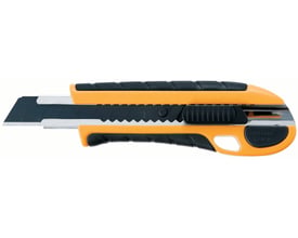 Kniv Gripfit L-22 med 18 mm klemlås, gummibelagt Non-Slip greb i orange og sort med synligt Power Black blad og låsemekanisme.