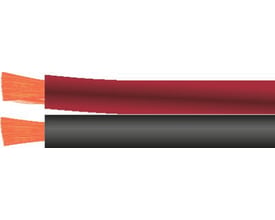 Radaflex tvillingkabel i rød og sort med 10 mm² kobberledere på hvid baggrund, vist med afskårne ender.