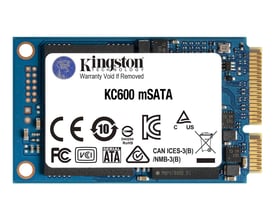 Kingston KC600 mSATA-SSD på 512 GB med blå printplade, guldkontakter og hvid produktetiket.