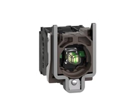 Nærbillede af en hvid Schneider Electric Harmony XB4 lysblok med grøn integreret LED og metalkonstruktion.