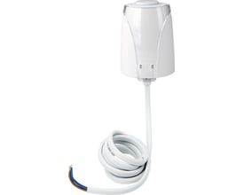 Schneider Electric termoelektrisk motorventil på 24V med hvidt hus og gennemsigtig top, klar til tilslutning med kabel.