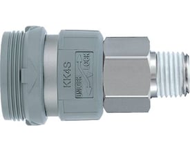 SMC S-kobling KK-serie med udvendigt gevind R1/4", viser UNLOCK og LOCK indikatorer på grå plasthus.