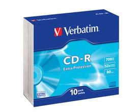 Verbatim CD-R 700MB 52X Extra Protection i 10-pak med blå slim cases, fremviser skivens kapacitet og hastighed.