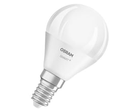 OSRAM SMART+ RGBTW E14-kronepære fra Ledvance med mat, hvid kuppel og synlig skruefatning.
