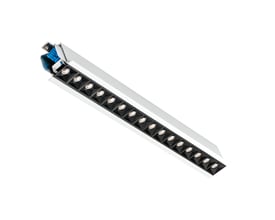 SG Armaturen Lineal Recessed Cubic 560, hvid indbygningsarmatur med 12 LED-moduler, hvid ramme og sort front på hvid baggrund.